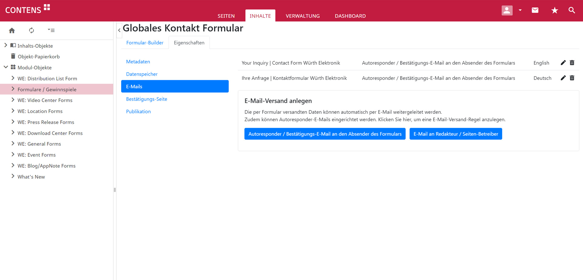 W&uuml;rth Elektronik Formular Metadaten