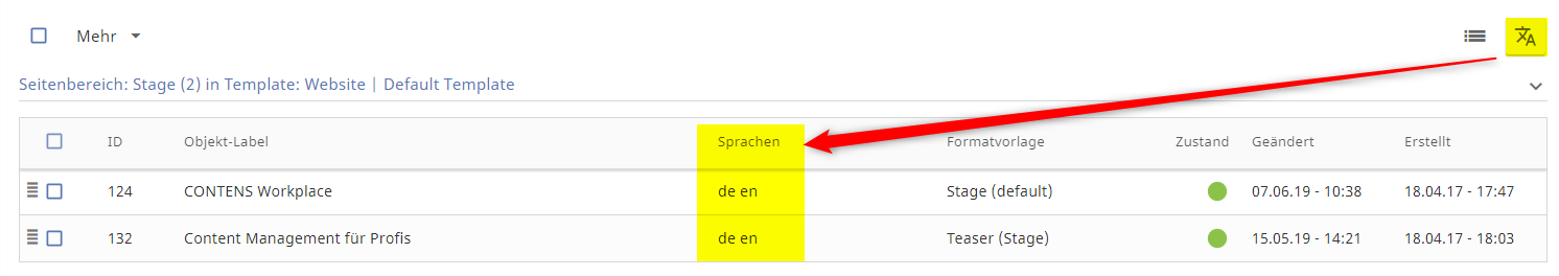 Sprachversionen in der Listenansicht